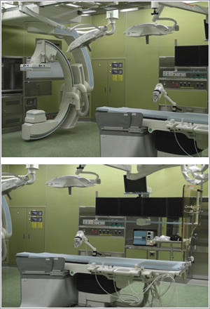 09年4月から稼働しているハイブリッド手術室。高性能X線透視撮影装置により、術前に撮影した3次元CTと連携したり、手術中の3次元透視撮影が可能になり、より精度の高いカテーテル治療が行えるようになった。