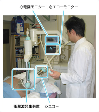 患者は治療台に仰向けに寝る。治療ヘッドを患者の胸に直接当て、患者の心拍に合わせて衝撃波を当てる。このとき心拍と同期してカチカチとメトロノームのような音が聞こえるが、これを聞いて眠ってしまう患者も多いとか。治療中に胸がぽかぽかしてきたら、血流が改善されている証拠だ