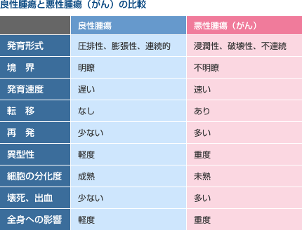 良性腫瘍と悪性腫瘍(がん)の比較